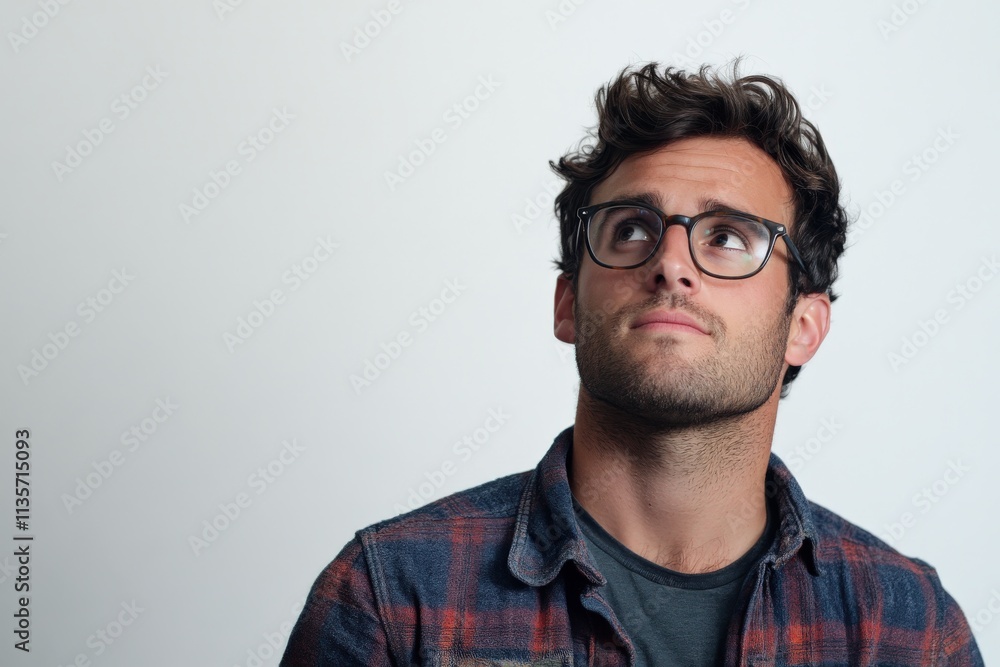Fototapeta premium Thoughtful Young Man in Glasses with Casual Style Looking Upward