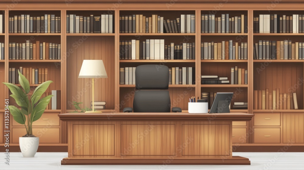Luxurious wooden office with large bookcase, desk, chair, lamp, and plant. Luxurious wooden office with large bookcase, desk, chair, lamp, and plant.