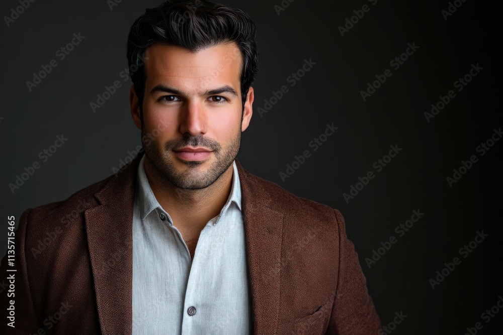 Confident Young Man in Stylish Brown Blazer Against Dark Background Confident Young Man in Stylish Brown Blazer Against Dark Background