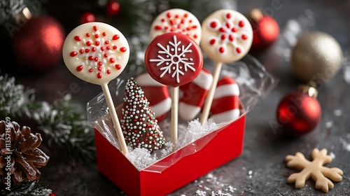 A festive box filled with Christmas-themed lollipops shaped like snowflakes, stockings, and Christmas trees, wrapped in clear cellophane. photo