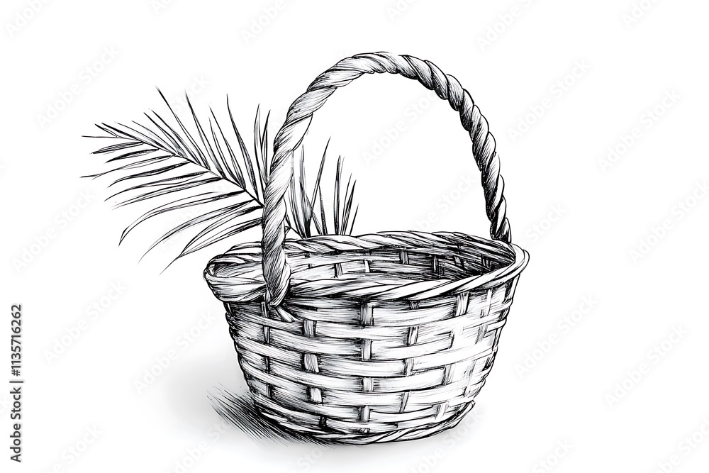 Obraz premium Hand-drawn illustration of a wicker basket with a palm leaf, perfect for design elements or rustic themes.