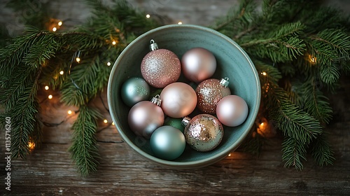 A decorative ceramic bowl filled with metallic ornaments in pastel shades, surrounded by a garland of pine branches and fairy lights. photo