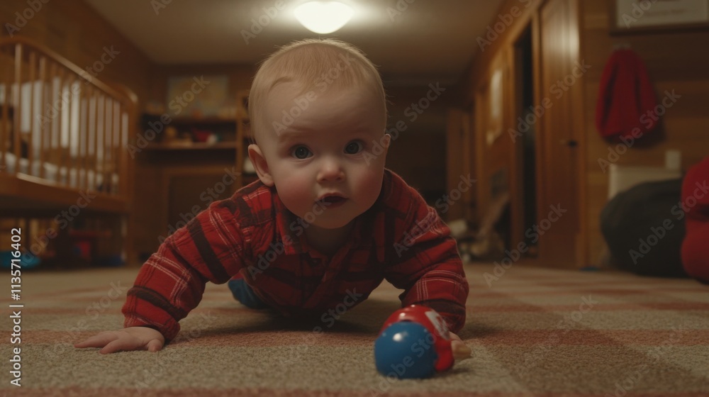 Baby Crawling Towards Colorful Toy in Playroom Baby Crawling Towards Colorful Toy in Playroom