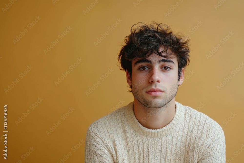 Portrait of a Young Man with Curly Hair Against a Warm Yellow Background Portrait of a Young Man with Curly Hair Against a Warm Yellow Background