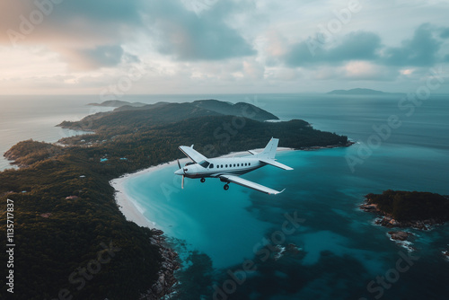 Aerial view of small airplane above the cliff at the sea, Selective focus private small airplane with bay view.