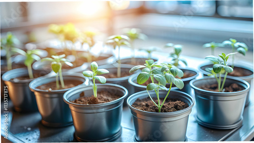 Small Herb Seedlings in Glossy Black Pots on Plain Background - Urban Agriculture and Modern Aesthetics Concept