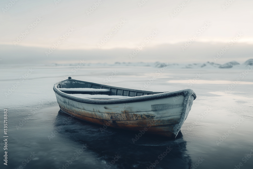 Selective focus wooden boat in frozen lake in winter, Landscape view of glacier with fisherman boat. Selective focus wooden boat in frozen lake in winter, Landscape view of glacier with fisherman boat.