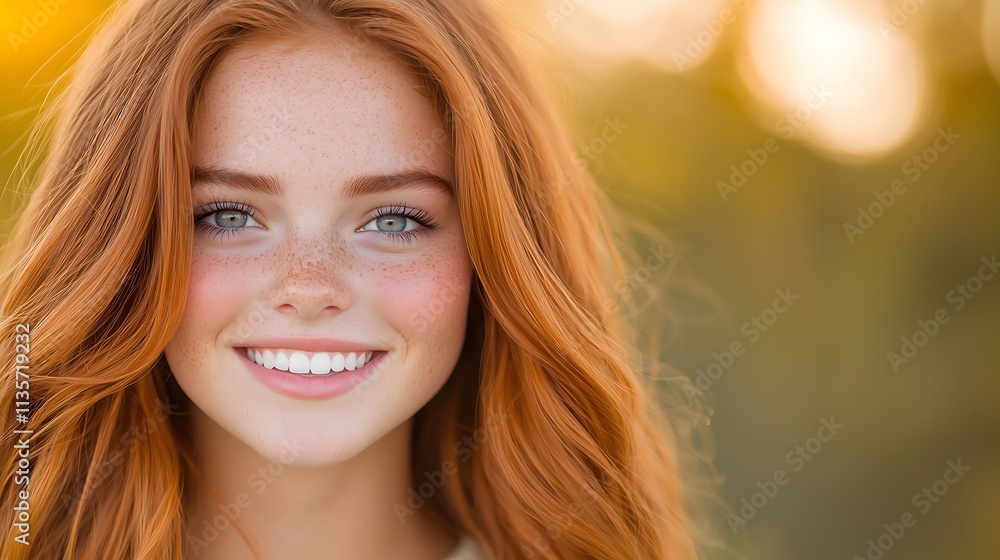A young girl with striking red hair and freckles smiles brightly, surrounded by soft golden light. The gentle outdoor setting creates a warm and cheerful atmosphere, highlighting her joy. A young girl with striking red hair and freckles smiles brightly, surrounded by soft golden light. The gentle outdoor setting creates a warm and cheerful atmosphere, highlighting her joy.