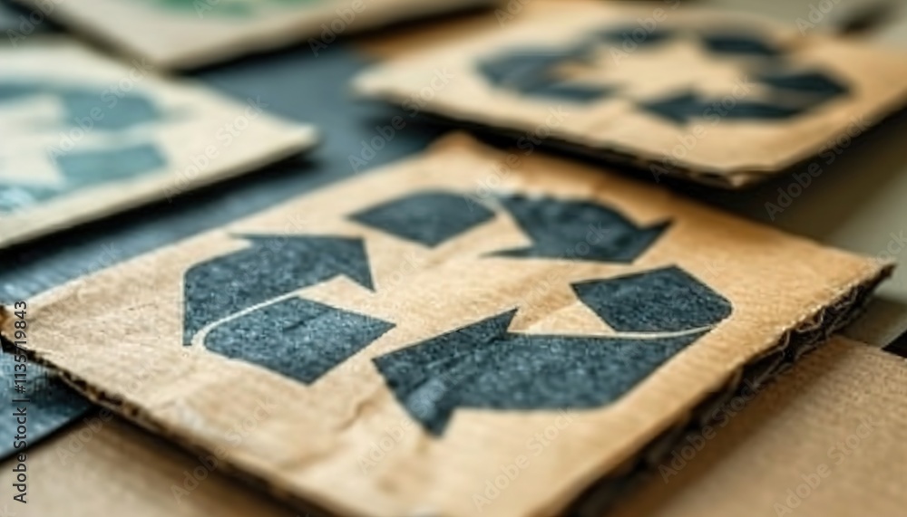 Naklejka premium A pile of assorted paper and cardboard materials marked with the universal recycling symbol