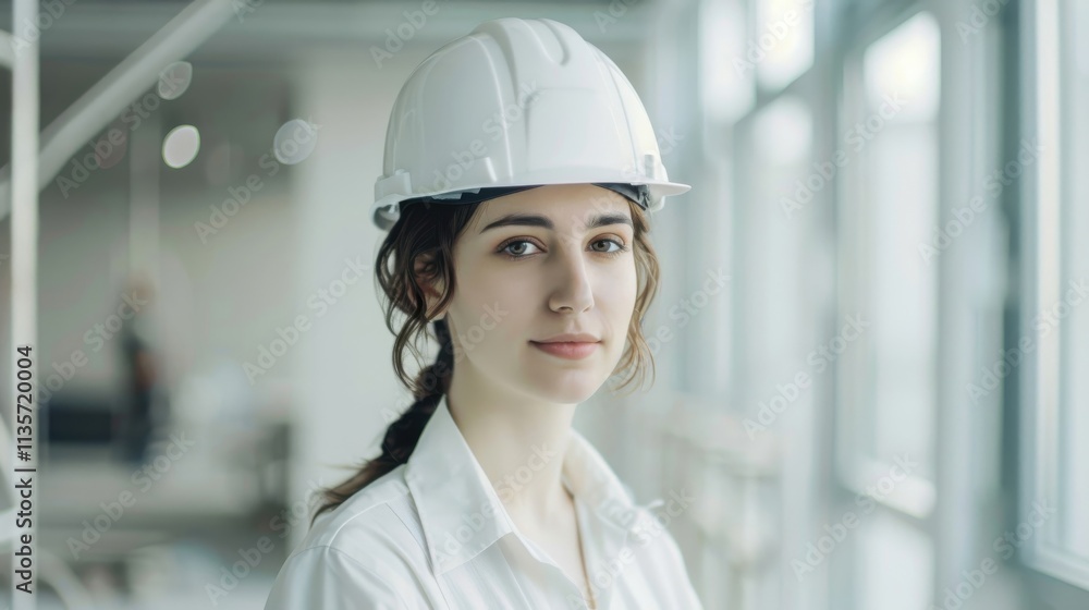 Dressed professionally with a white helmet, a woman stands in a hero pose, her pride shining through in the construction setting. Dressed professionally with a white helmet, a woman stands in a hero pose, her pride shining through in the construction setting.