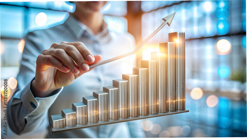 Upward Pointing Bar Graph on Glossy Silver Background Symbolizing Financial Growth and Corporate Success Upward Pointing Bar Graph on Glossy Silver Background Symbolizing Financial Growth and Corporate Success