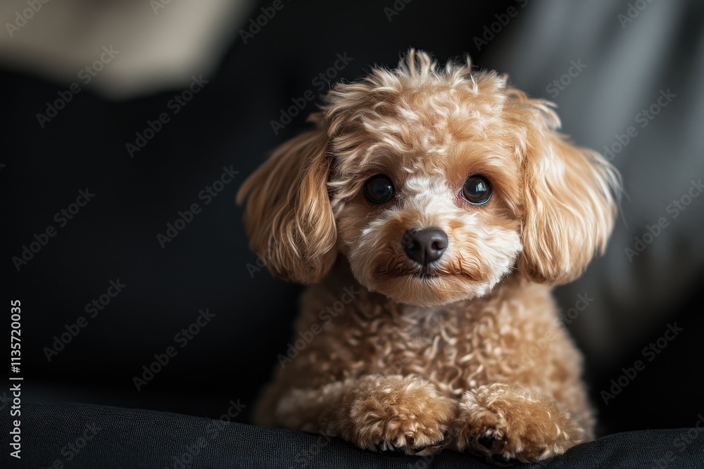 Adorable toy poodle puppy sits on a dark surface. Perfect for pet-related websites, blogs, or articles about dogs. Adorable toy poodle puppy sits on a dark surface. Perfect for pet-related websites, blogs, or articles about dogs.