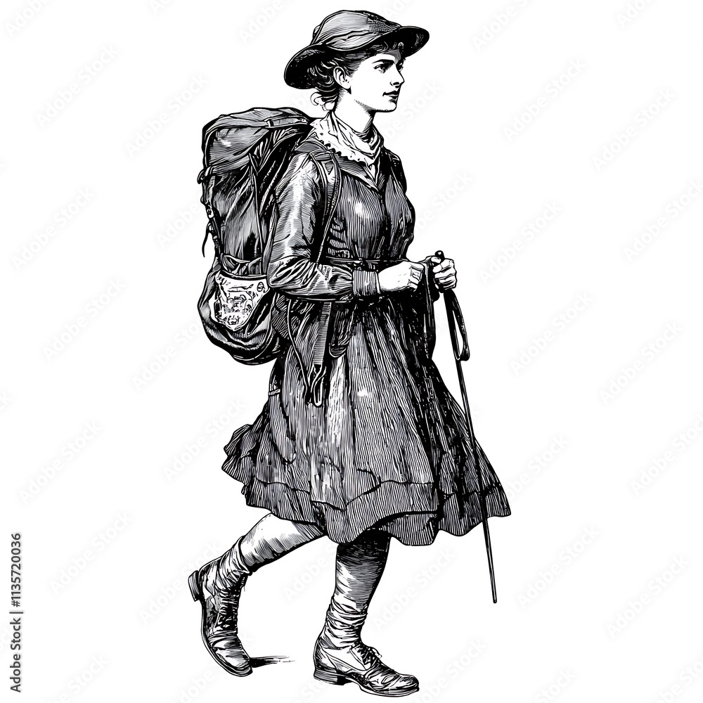 Obraz premium A Pen and Ink Drawing of a Young Woman Hiking with a Backpack and Walking Stick.
