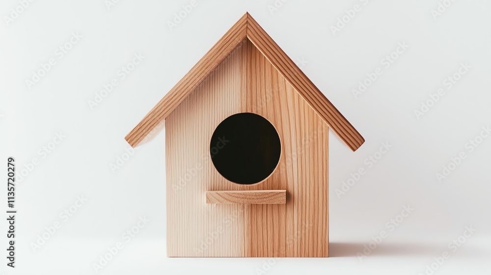 A detailed wooden birdhouse with a small perch on a solid white background, single object A detailed wooden birdhouse with a small perch on a solid white background, single object
