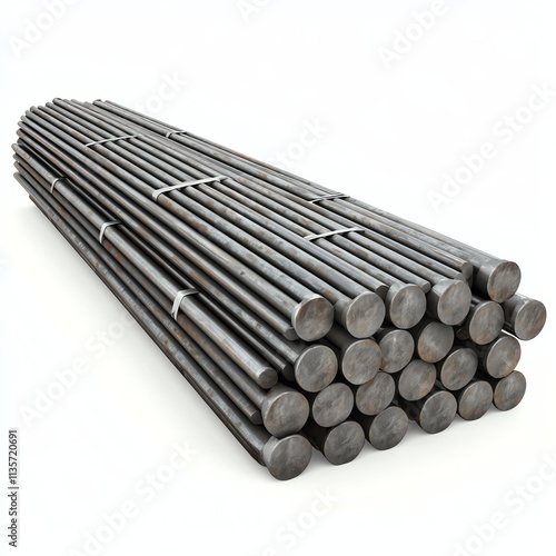 A pile of steel stock bars with a cleancut finish on a solid white background, single object photo