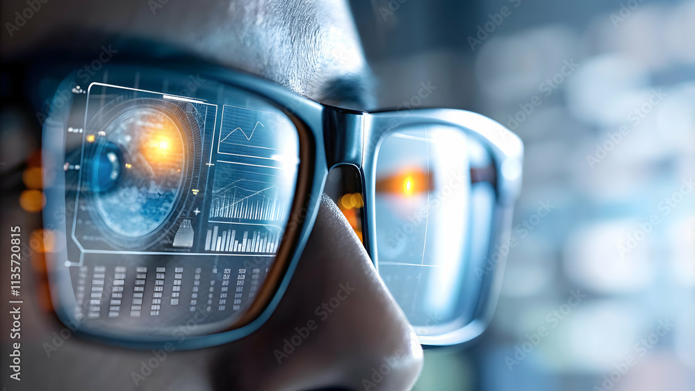 Close up of data scientist face with digital data reflected in glasses concept as Macro close up of data scientist glasses reflecting complex data charts representing insights and analytics in digital Close up of data scientist face with digital data reflected in glasses concept as Macro close up of data scientist glasses reflecting complex data charts representing insights and analytics in digital