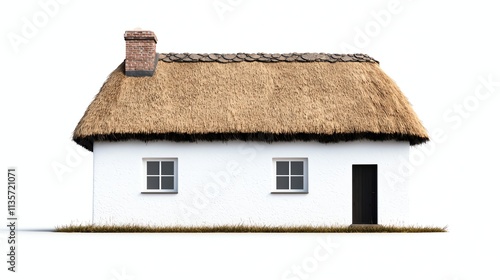 A traditional cottage with a thatched roof and chimney on a solid white background, single object