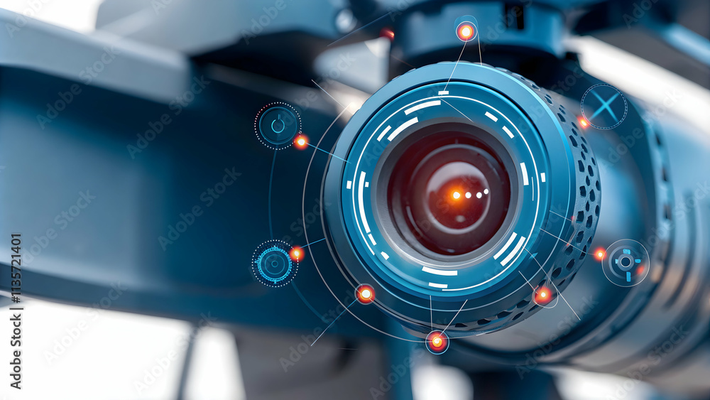 Fototapeta premium Macro Shot AI Drone Camera Lens Digital Processing Symbols Advanced Technology Aerial Imaging Ample Text Space Photo Stock Concept