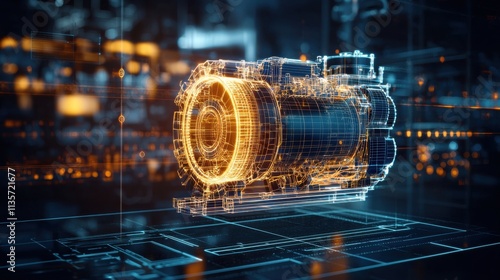 Illuminated Virtual Cummins Engine Blueprint in Dark Room with Glowing Wireframe Components