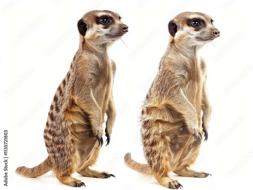 Two Curious Meerkats Standing on White Background Two Curious Meerkats Standing on White Background