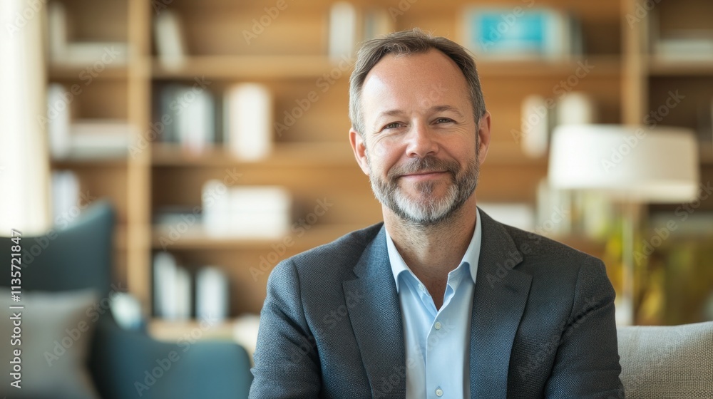 Smiling mature man in suit sitting on couch in home office. Smiling mature man in suit sitting on couch in home office.