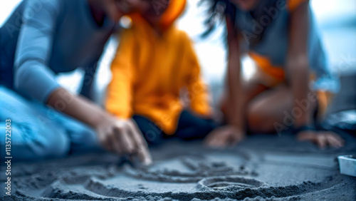 Joyful Family Making Sand Art on Beach Macro Close Up Highlighting Creative Collaboration with Ample Copy Space