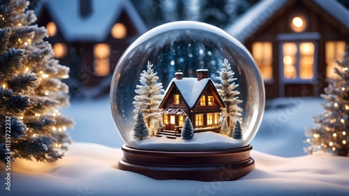 Dreamy Nights A Festive Snow Globe with Warm Lights and Snowfal photo