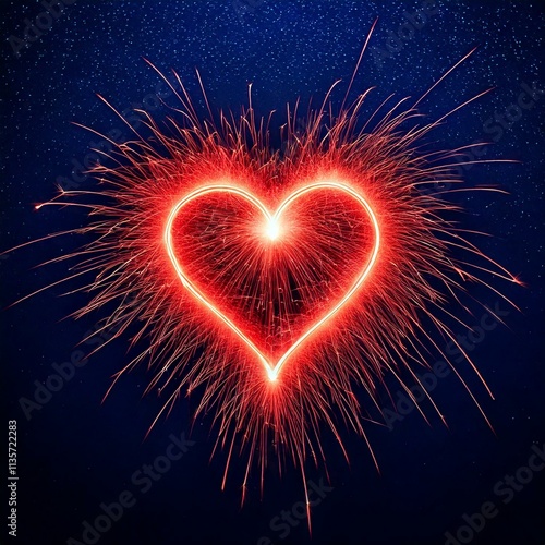 Minimalist Valentine's Day Design with Glowing Red Sparkler Heart Shape on a Dark Blue Background for Romantic and Festive Celebrations