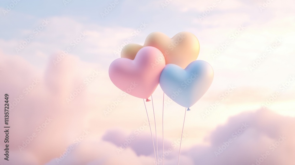 Pastel heart balloons with cloud background and soft lighting Pastel heart balloons with cloud background and soft lighting