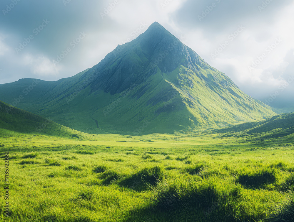 Majestic mountain rising above lush green fields in a tranquil landscape Majestic mountain rising above lush green fields in a tranquil landscape