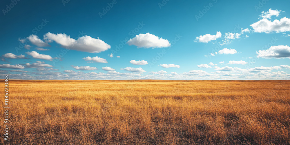 Expansive golden grassland under a vivid blue sky with clouds Expansive golden grassland under a vivid blue sky with clouds