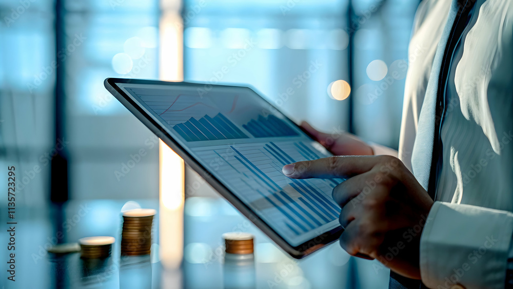 Logistics Manager Analyzing Financial Data on Tablet with Glossy Background Representing Digital Financial Analysis Logistics Manager Analyzing Financial Data on Tablet with Glossy Background Representing Digital Financial Analysis