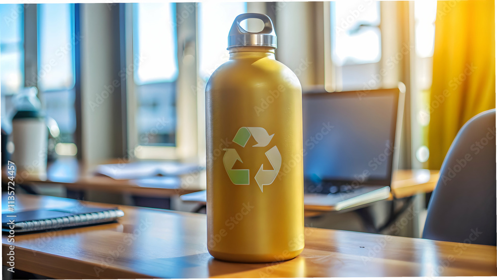 Close Up of Reusable Water Bottle with Recycling Symbol on Office Desk Showcasing Commitment to Sustainability in Photo Stock Close Up of Reusable Water Bottle with Recycling Symbol on Office Desk Showcasing Commitment to Sustainability in Photo Stock