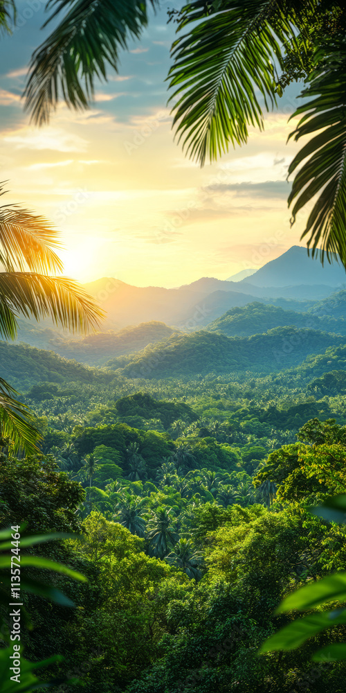 Vibrant sunset over lush tropical rainforest with mountains in the distance Vibrant sunset over lush tropical rainforest with mountains in the distance