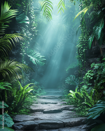 Fototapeta Naklejka Na Ścianę i Meble -  Tranquil pathway through a lush jungle with sun rays filtering through the foliage