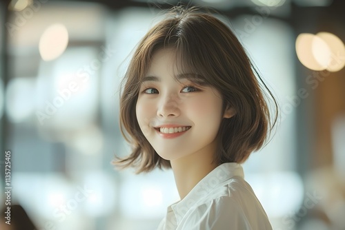Young Beautiful Korean Woman in a Casual Office Setting, Smiling Korean Woman with a Short Hairstyle, Casual Business Portrait with Modern Office Vibes