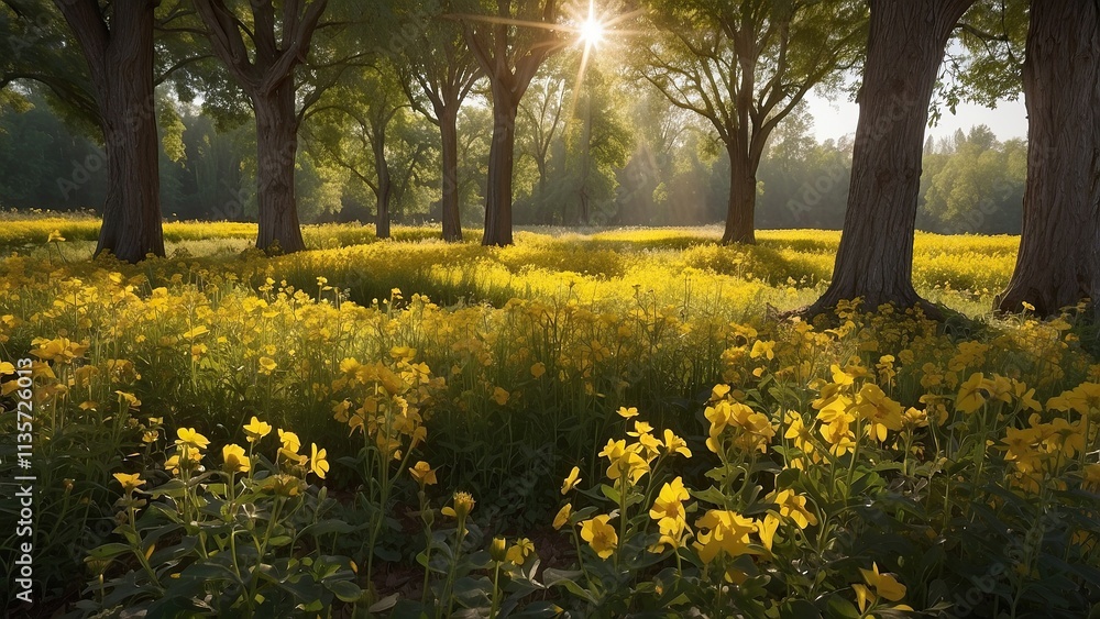 Sunlight flows through trees over a field of beautiful yellow flowers in a peaceful natural scene. Sunlight flows through trees over a field of beautiful yellow flowers in a peaceful natural scene.