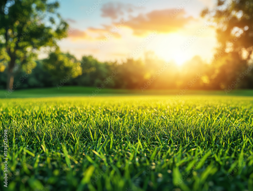 Sunlight reflecting on lush green grass during a serene evening in a park Sunlight reflecting on lush green grass during a serene evening in a park