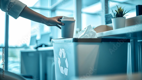 Employee placing coffee cup in compostable bin showing eco conscious behavior concept as Office worker placing coffee cup in compostable recycling bin symbolizing individual responsibility in sustaina