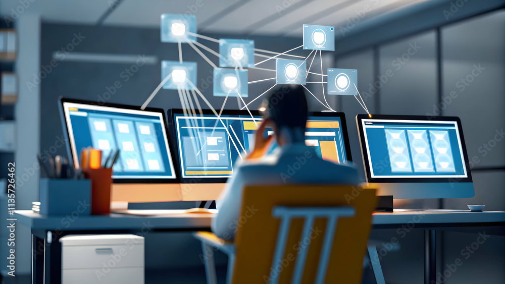 Naklejka premium Employee Juggling Multiple Screens in Office Environment Illustrating Challenge of Managing Diverse Information Streams