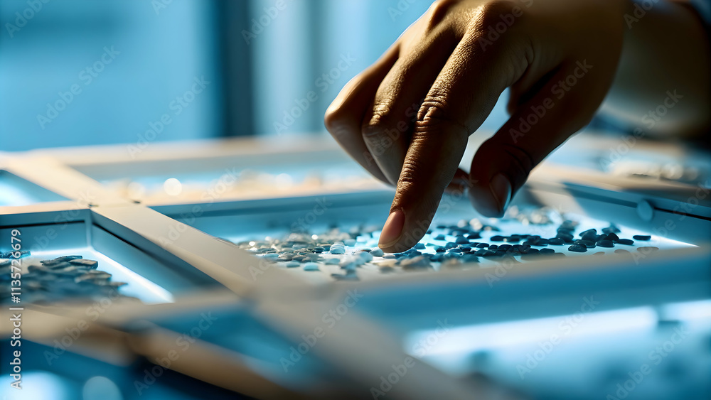 Fototapeta premium Macro Shot Hands Sorting Microplastics on Tray for Recycling Analysis Symbolizing Innovation with Space for Text