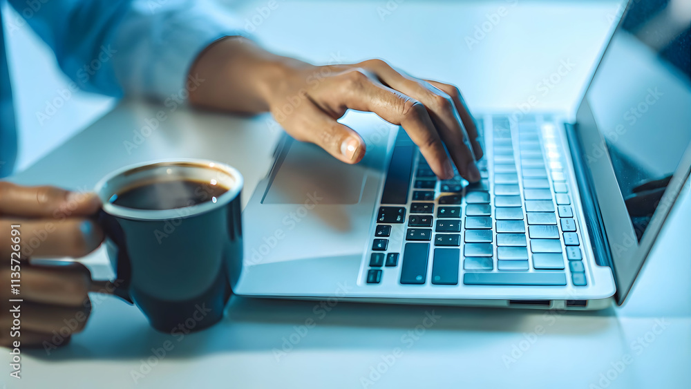 Close up of hands typing on laptop with coffee cup concept as A close up shot of hands typing on a laptop keyboard accompanied by a steaming coffee cup symbolizing a balanced work environment. The pla Close up of hands typing on laptop with coffee cup concept as A close up shot of hands typing on a laptop keyboard accompanied by a steaming coffee cup symbolizing a balanced work environment. The pla
