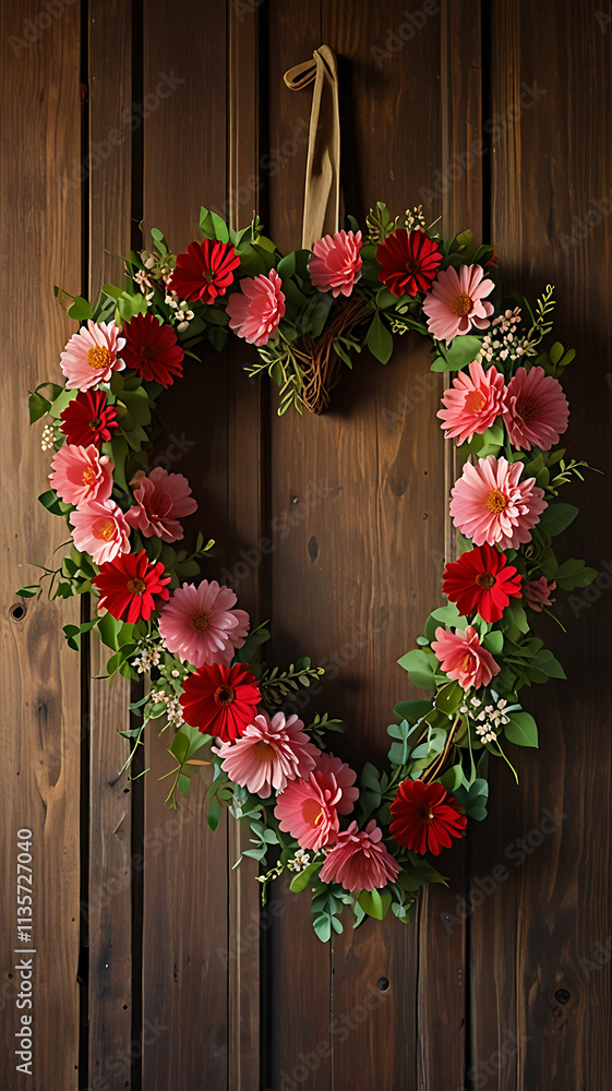 A heart-shaped wreath made of fresh red and pink flowers, hanging on an antique wooden door with soft sunlight streaming through, symbolizing love and togetherness.
A heart-shaped wreath made of fresh red and pink flowers, hanging on an antique wooden door with soft sunlight streaming through, symbolizing love and togetherness.