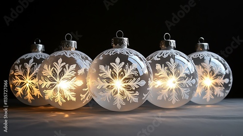 Clear glass ornaments with frosted designs of snowflakes, softly illuminated by surrounding tree lights. photo