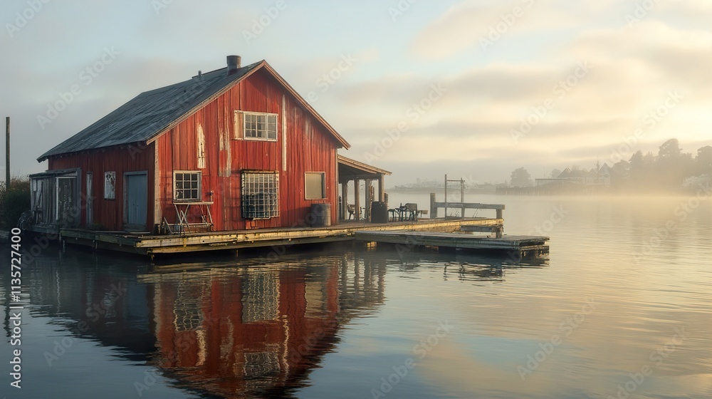 Obraz premium Red House on the Lake at Sunrise