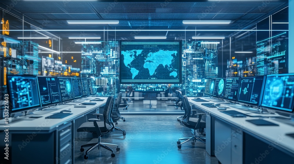 Fototapeta premium A high-tech control room with multiple screen displaying data and a world map.