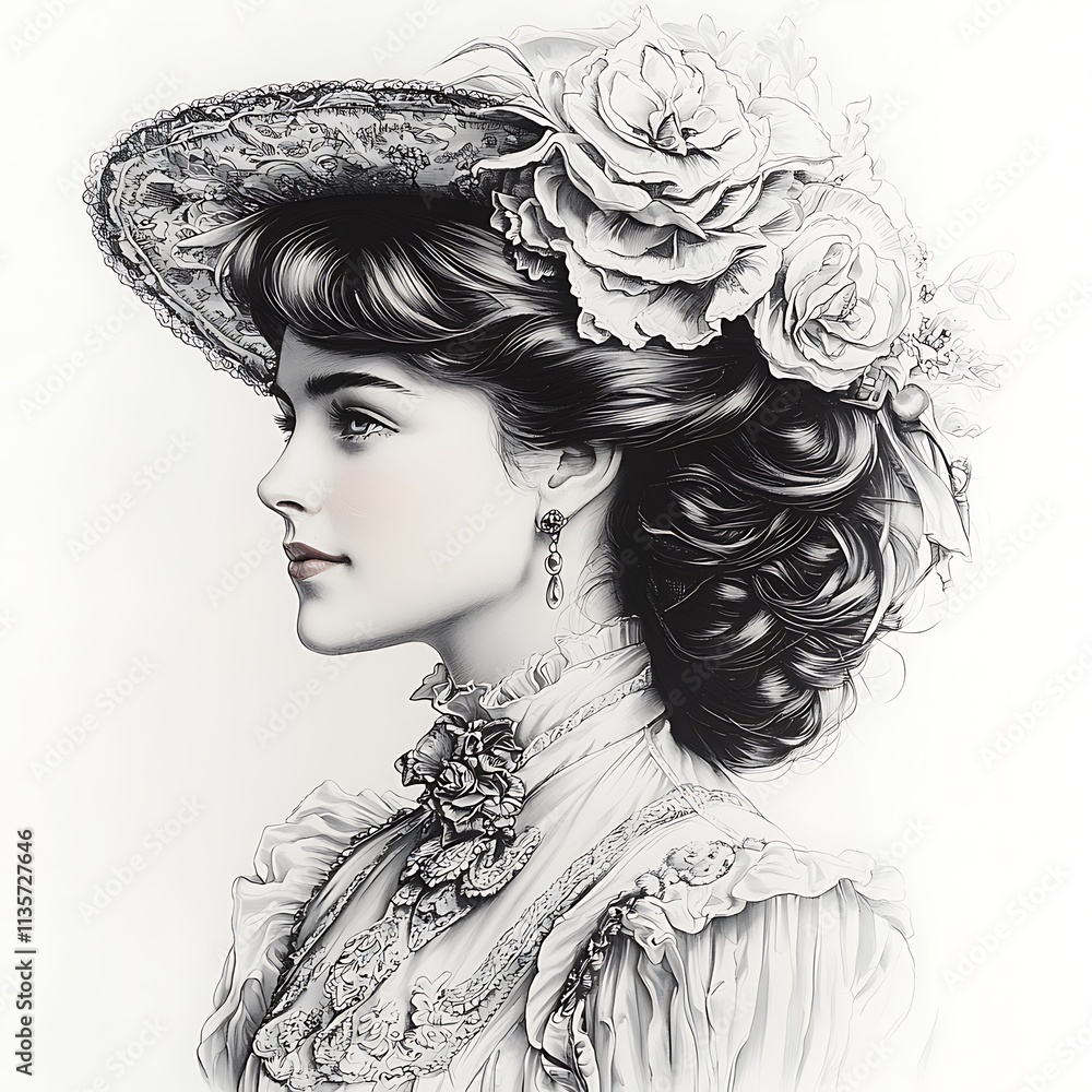 Fototapeta premium Monochrome Portrait of a Woman in a Victorian-Era Hat and Dress.