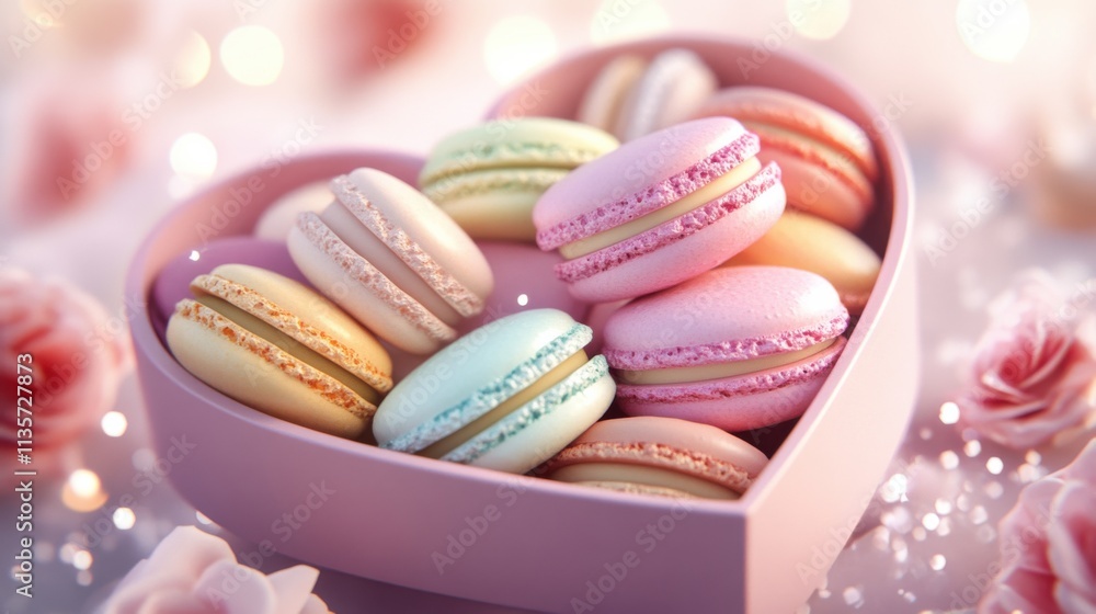 Fototapeta premium Heartshaped box with macarons chocolate surrounded by hearts