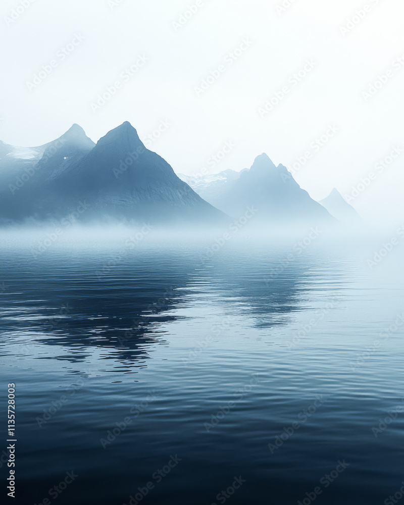 Misty morning reflections on calm water with mountain backdrop in serene landscape Misty morning reflections on calm water with mountain backdrop in serene landscape