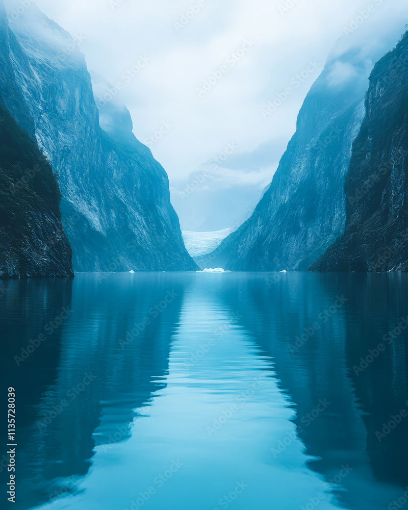 Scenic fjord under cloudy skies with a visible glacier and calm waters